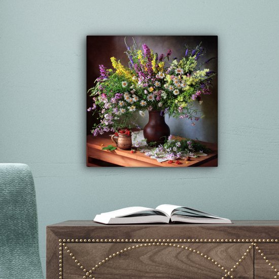 Tableau sur toile Fleurs - Tableau - Nature morte - Bouquet - Vase - 20x20 cm - Décoration murale