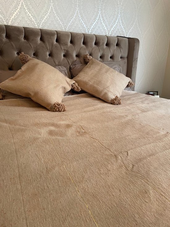 Plaid -lit marocain fait main - 100 % Katoen - POM POM - Camel à rayures dorées - Ferme et doux - XL - 180 x 300 cm - Chambre et salon - 1 pièce