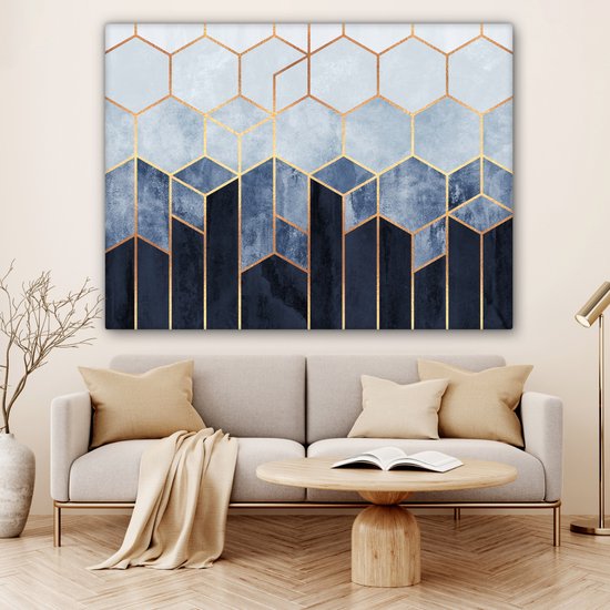 Toile Peinture Hexagone - Gold - Luxe - Motifs - 160x120 cm - Décoration murale XXL