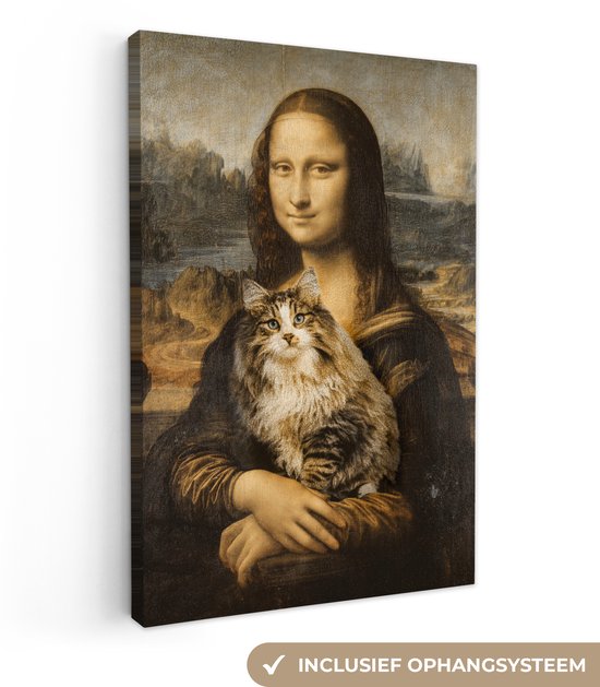 Oude Meesters Canvas - 90x140 cm - Canvas Schilderij - Mona Lisa - Kat - Da Vinci - Wanddecoratie - Hout Frame - Woonkamer - Slaapkamer