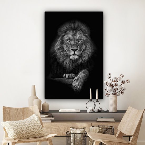 Tableau sur toile - Animaux sauvages - Lion - Zwart - Wit - Toile sur toile - Tableau sur toile - 80x120 cm - Salon - Décoration murale