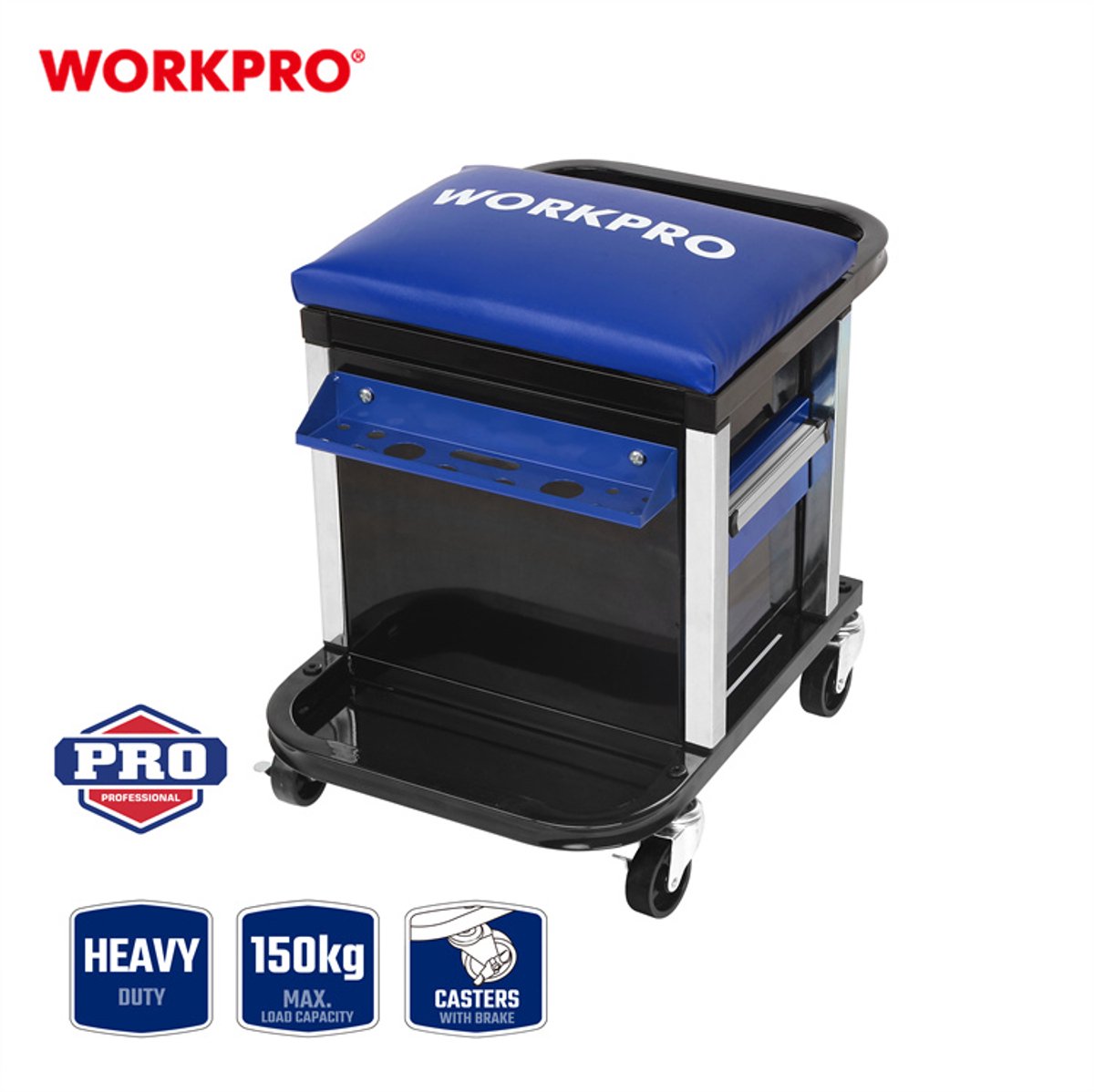 WORKPRO WP319004 Werkplaatsstoel Heavy Duty – Met 2 Opberglades, Zwenkwielen & 150 kg Draagvermogen