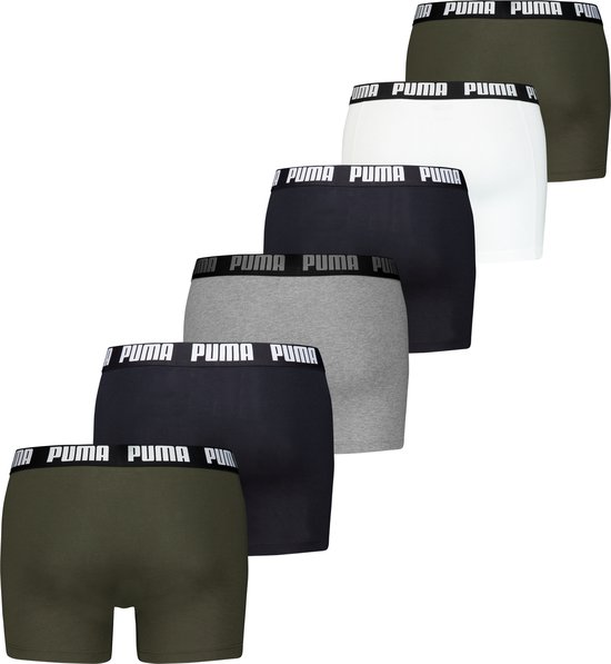 Set van zes Puma boxershorts in het zwart, grijs, wit en olijfgroen, elk met een elastische tailleband met PUMA-logo.