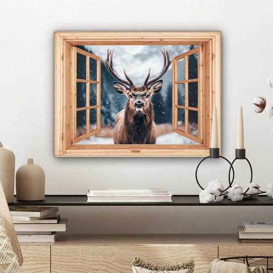 Canvas schilderij 40x30 cm - Wanddecoratie Doorkijk - Hert - Dieren - Winterlandschap - Sneeuw - Muurdecoratie woonkamer - Slaapkamer decoratie - Kamer accessoires - Schilderijen op canvas