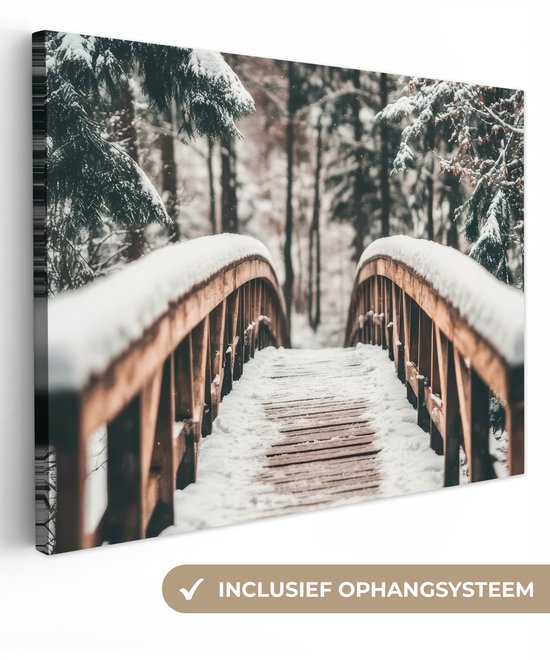Canvas schilderij 80x60 cm - Wanddecoratie Brug - Winterlandschap - Bos - Natuur - Sneeuw - Muurdecoratie woonkamer - Slaapkamer decoratie - Kamer accessoires - Schilderijen op canvas