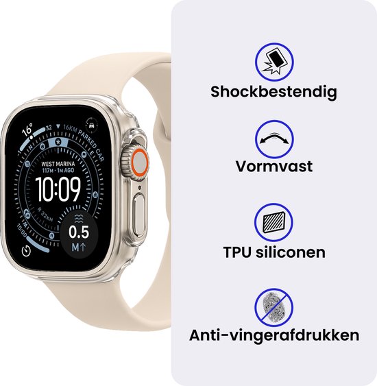 Een Apple Watch met een transparante hoes en een beige bandje, naast iconen die schokbestendigheid, vormvastheid en TPU-siliconen aangeven.