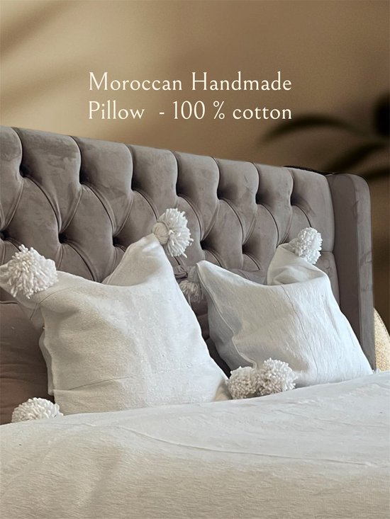 Coussin marocain Handgemaakt - Pompon - 100 % Katoen - Wit - Lot de 2