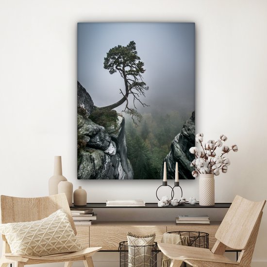 Peinture sur toile - Falaise - Arbres - Vert - Brouillard - Photo sur toile - Canvasdoek - 90x120 cm - Toile nature