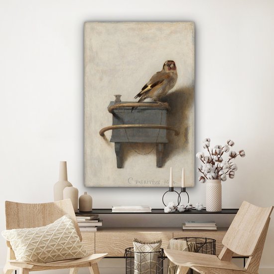 Canvas Schilderij - Het Puttertje - Oude Meester - 80x120 cm - Wanddecoratie - Hout Frame - Vogels - Woonkamer - Slaapkamer Decoratie - Accessoires