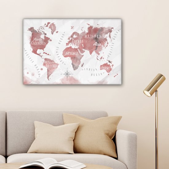 Peintures Toile Wereldkaart - Peinture - Rose - 60x40 cm - Décoration murale