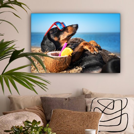 Peintures sur Toile Chien - Lunettes de Soleil - Plage - Été - 60x40 cm - Décoration murale
