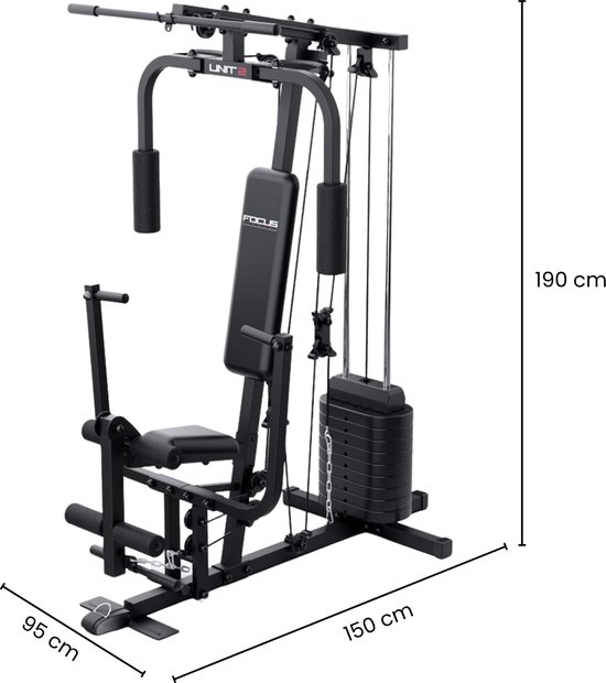 Zwart Focus Fitness Unit 2 krachtstation met gewichtstapel, zitje, leg curl en afmetingen 190 x 150 x 95 cm.