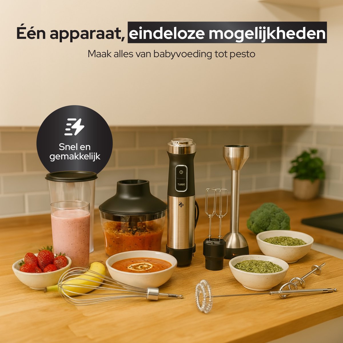 SEPH Staafmixer 7-in-1 Set – 1200W Staafmixer met Mixerstaaf, Hakmolen, Melkopschuimer, Deegkneder, Garde, Kloppers & Maatbeker – foto 8