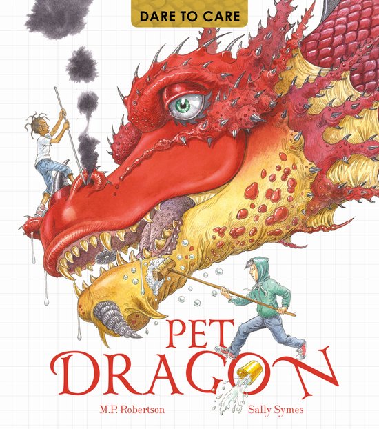 Een kind poetst een rode en gele draak met schubben. "Pet Dragon" en "Dare to Care" tekst.