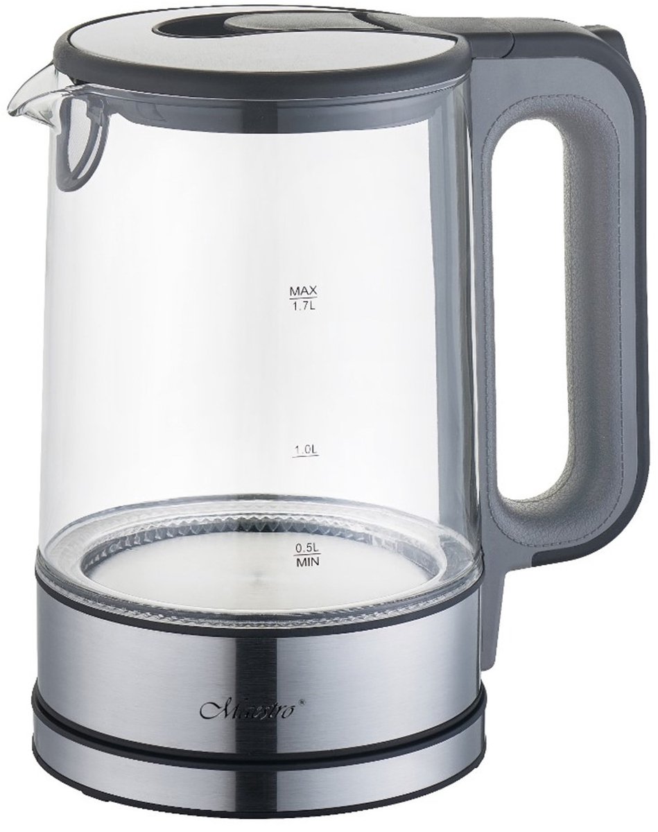 Maestro MR-053 Snoerloze Elektrische Waterkoker 1.7L Glas & Roestvrij staal Verlicht 2200W - Grijs