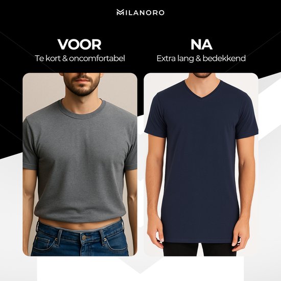 Milanoro - Lot de 4 T-shirts extra-longs en coton - Bleu marine - Col V- M