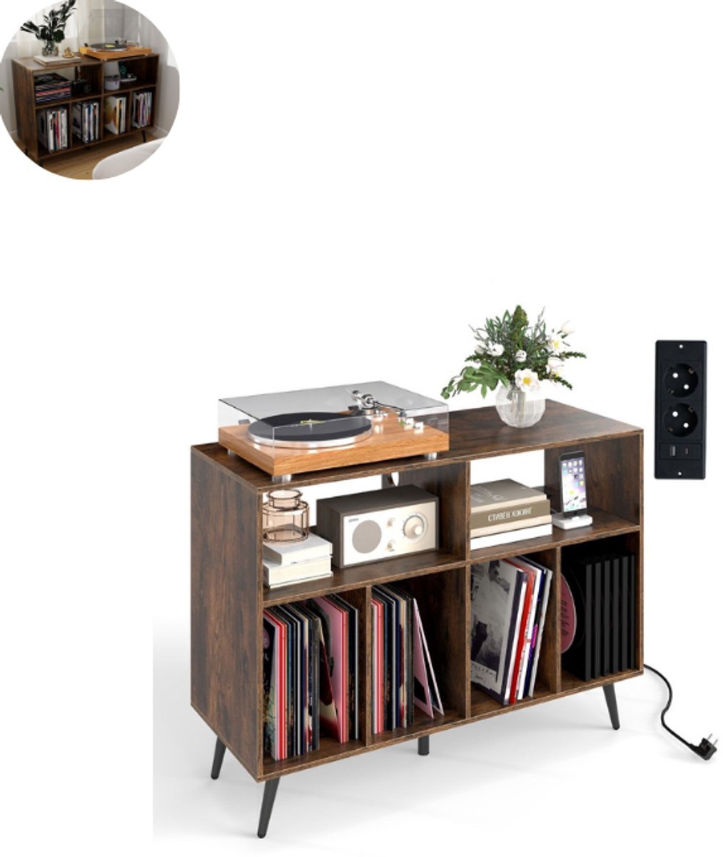 Platenspelermeubel - LP-kast - Platenspelerkast - Draaitafelstandaard - Platenspelerstandaard - Vintage Displayplank - Rustiek bruin