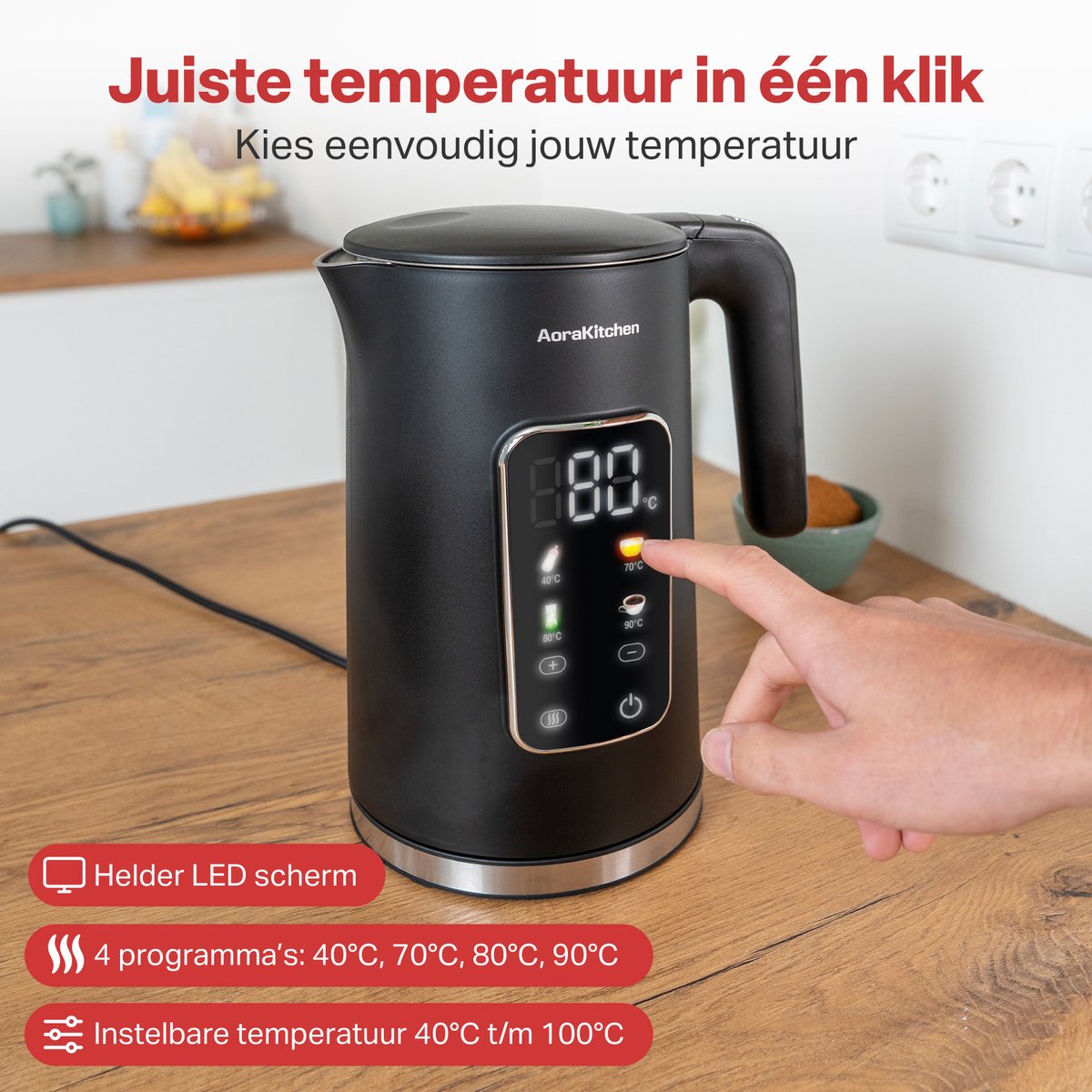 AoraKitchen Waterkoker - LED Touchscreen - Instelbare Temperatuurregeling - Waterkokers - 1.7L - Elektrisch - Cool Touch - Zwart — afbeelding 7