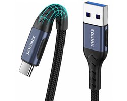 Sounix USB C kabel - Datakabel en Oplaadkabel - USB 3.2 naar USB C - 3A60W - 10Gbps - 2 Meter - USB C naar USB A - Snellader - Oplader - Gevlochten Nylon - Zwart