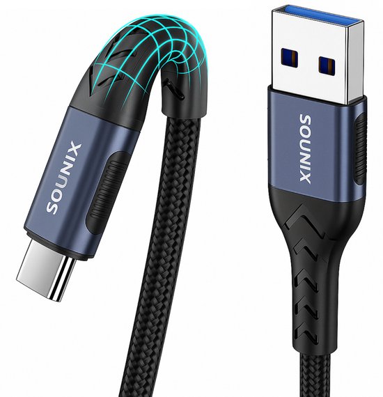 Sounix USB C kabel - USB 3.2 naar USB C - 3A60W - 10Gbps - 2 Meter - USB C naar USB A - Snellader - Oplader - Oplaadkabel - Gevlochten Nylon - Zwart