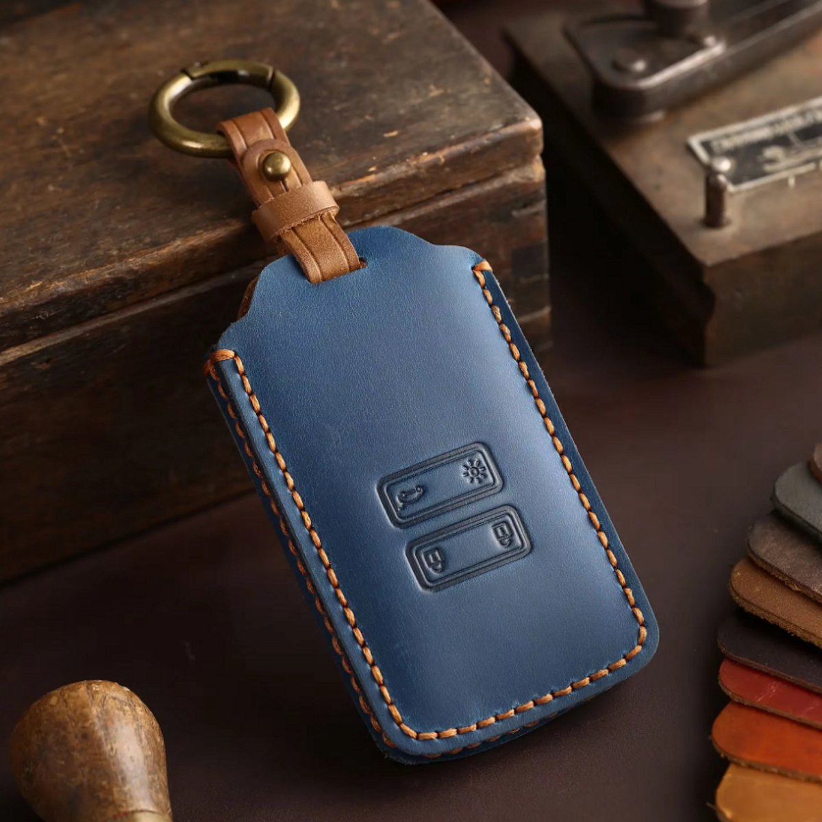 Blauw lederen sleutelbehuizing berschermhoes met donkerbruine afwerking Key Case key cover voor Renault Megane Captur Zoe Espace 5 Clio Arcan Arkana Kadjar voor Dacia Duster
