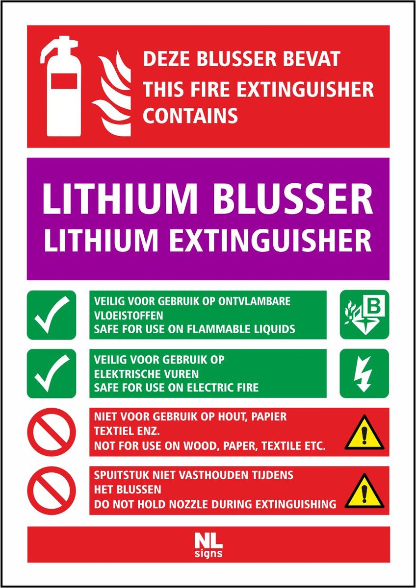 Gebruiksaanwijzing brandblusser bord lithium - NALICHTEND (glow in the dark) A6 formaat (105x148 mm)
