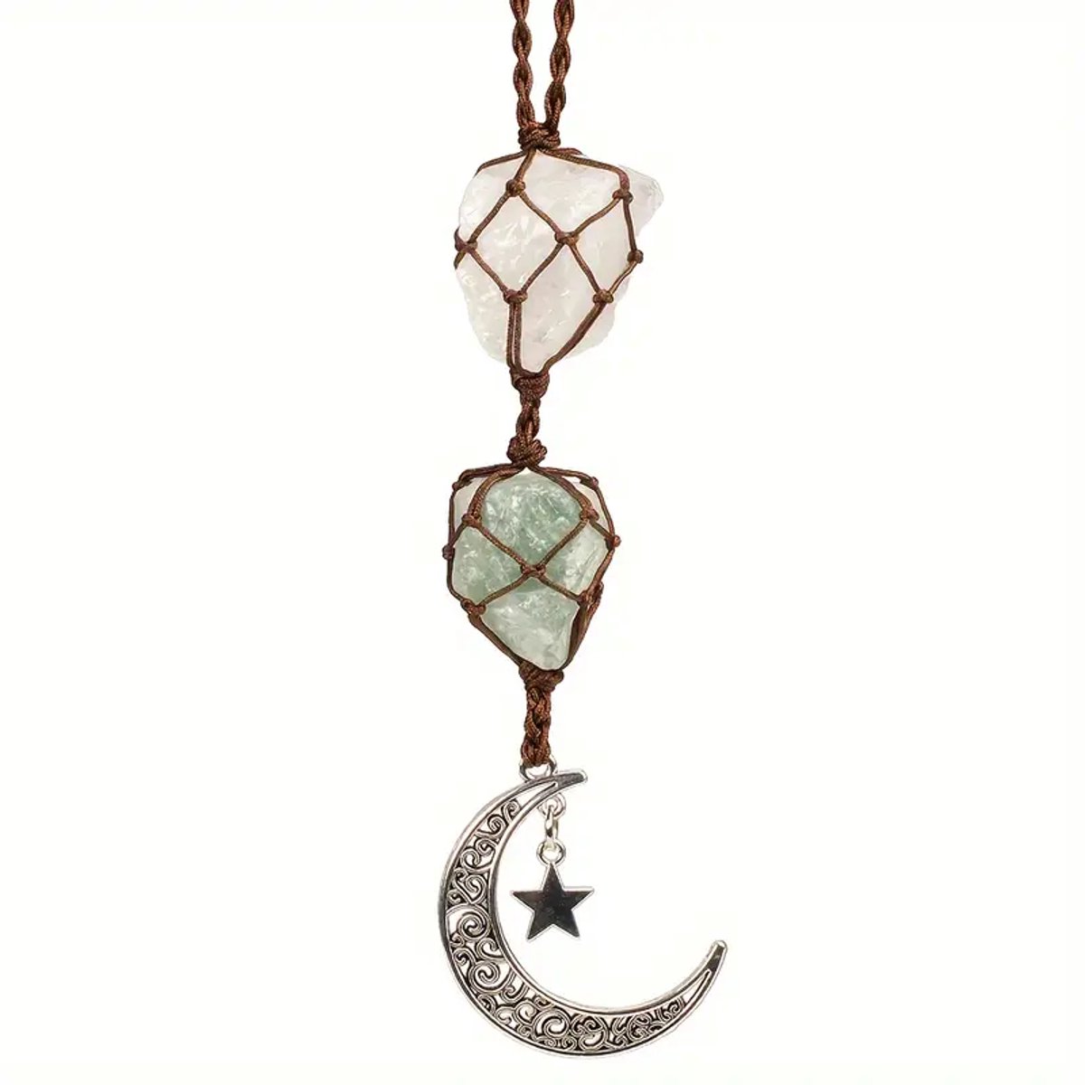 Wit & Groen Kristallen Maan & Ster Hanger - Boho Edelsteen Decoratie voor Auto, Raam of Interieur - Spiritueel Ornament met Natuursteen - Handgemaakt Amulet voor Bescherming & Positieve Energie - Uniek Cadeau voor Vrouwen & Mannen
