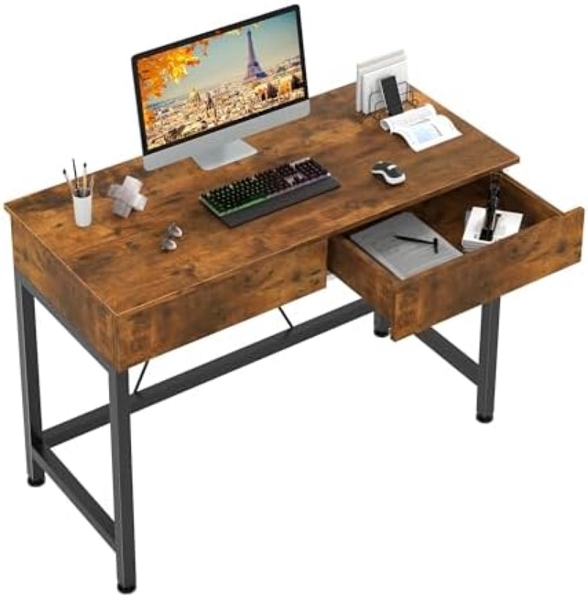 PromoHome Compact bureau met 2 houten lades - 100 cm werkblad Bruin