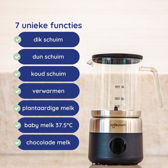 Glazen melkopschuimer met RVS en zwarte basis. Opsomming "7 unieke functies": "dik schuim", "dun schuim", "koud schuim", "verwarmen", "plantaardige melk", "baby melk 37.5°C", "chocolade melk".