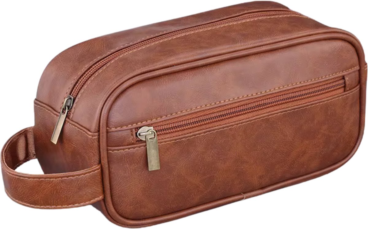 MoodLux Luxe Toilettas van Kunstleer - Voor Mannen & Vrouwen - Reis toilettas Waterafstotend en Ophangbaar met Haak - Travel Organizer voor Cosmetica en Scheerspullen - 2,3L - Licht Bruin