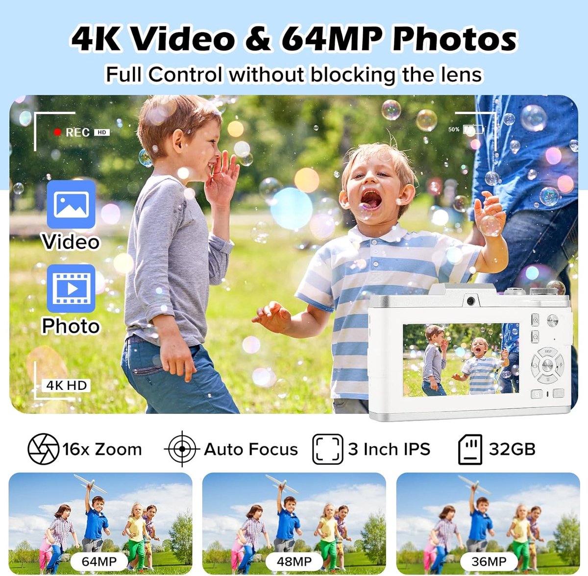 Digitale camera - Autofocus 4K Vlogging-camera met SD-kaart, 64MP draagbare compacte point-and-shoot digitale camera voor tieners en volwassenen met 16x zoom, anti-shake, 2 batterijen (wit) thumbnail 4