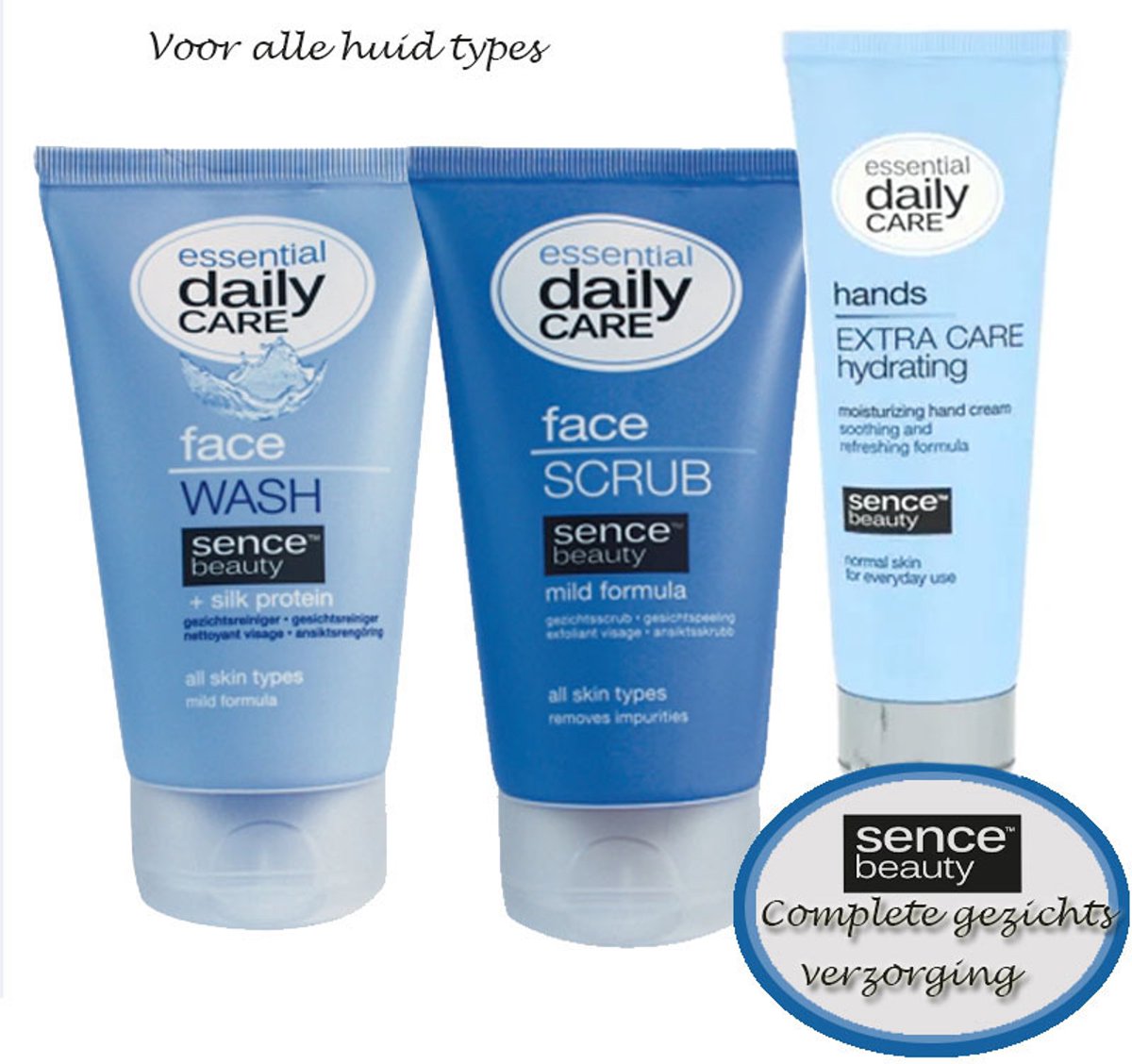 Sence Gezichtsverzorgingsset – Face Scrub 150ml, Face Wash 150ml & Handcrème 75ml – Dagelijkse huidverzorging in een tasje