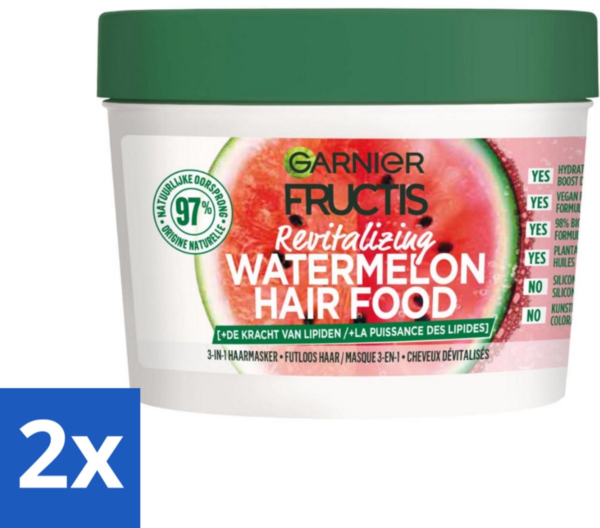 2 x Garnier - Fructis Hair Food Watermelon - 3-in-1 Haarmasker - Futloos Haar - 400 ml - Haar Masker - Haarmasker - Fructis - Watermeloen - Hydratatie