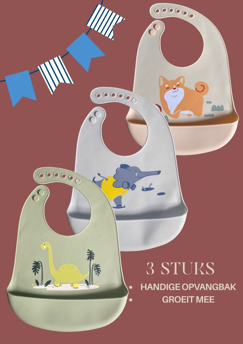 Image of 3 stuks Slabbetjes met Opvangbakje - Siliconen Slabber Baby Peuter - Verstelbaar en Waterproof - Kraamcadeau
