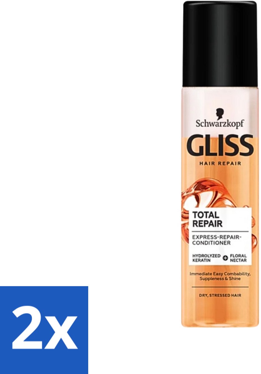 2 x Gliss - Total Repair Anti-Klit Spray - Voor Beschadigd en Droog Haar - 200 ml - Haarspray - Anti-klit Spray - Droog Haar - Beschadigd Haar - Hittebescherming