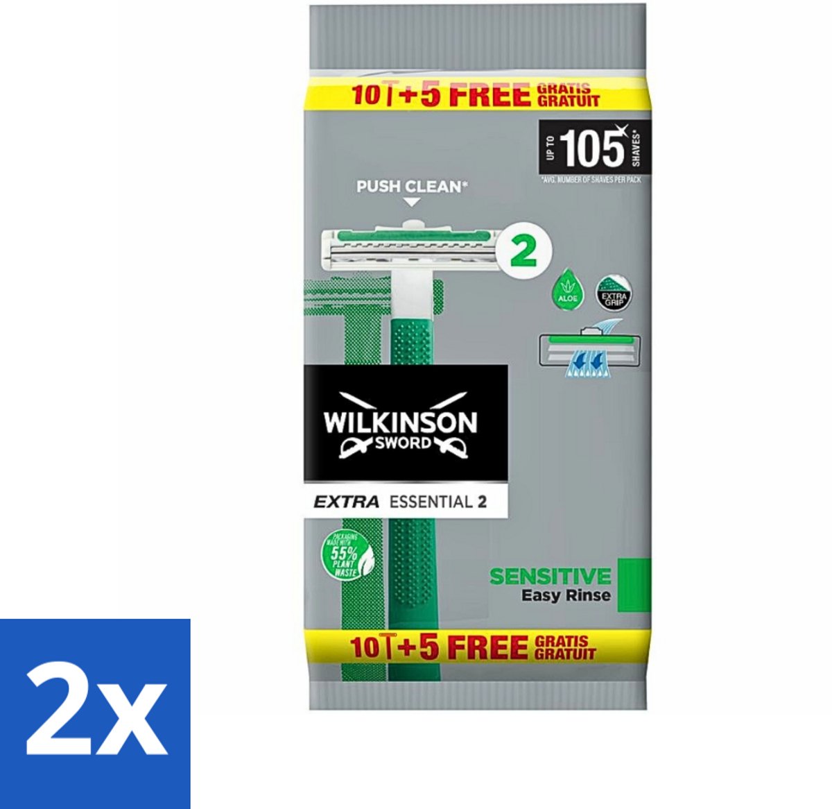 2 x Wilkinson - Wegwerpscheermesjes - Extra Essential 2 Sensitive - Zacht - 15 mesjes - Wegwerpscheermes - Scheermes - Wilkinson - Gevoelige Huid - Scheermesjes