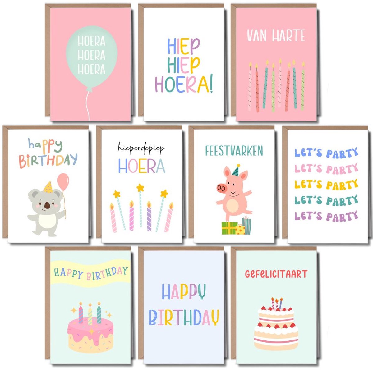 10 Luxe Verjaardagskaarten met Enveloppen - Wenskaarten Set Verjaardag - Kinderen & Volwassenen - Felicitatiekaarten - A6 - Blanco - Taart