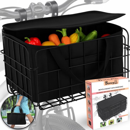 Foto: Boncy premium fietsmand boodschappen fietskrat met uitneembare tas fiets mand voorop of achter fietsmanden krat zwart fietskratten elektrische fiets bagagedrager 40 liter