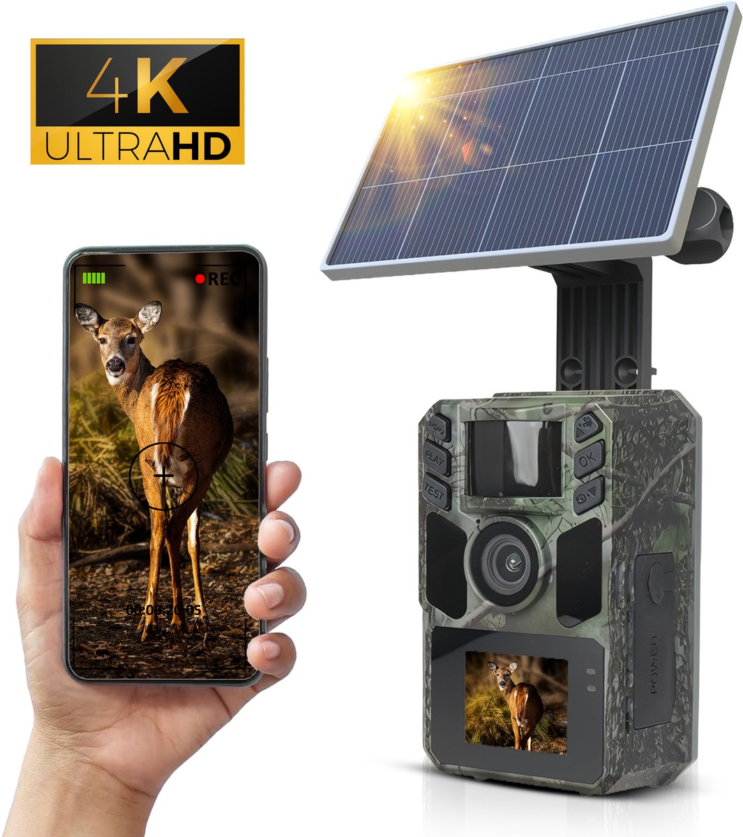NexZone - Wildcamera - Zonnepaneel - Wifi - 4K - Weerbestendig - Nachtzicht - Beveiligingscamera - Buiten Camera - Zonne Energie