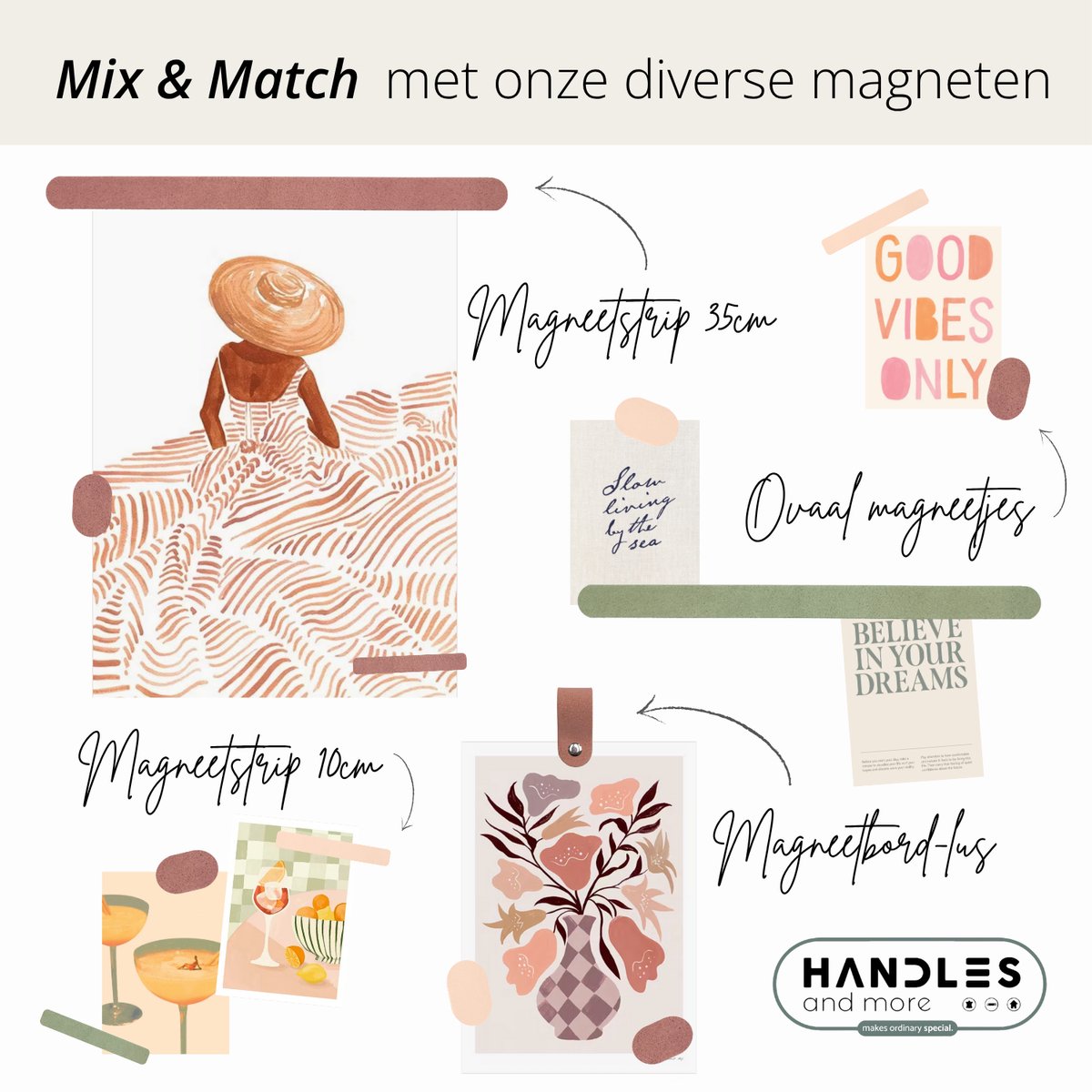 Handles and more - Magneet strips rond - Creme - 35 x 2,5 cm - set van 2