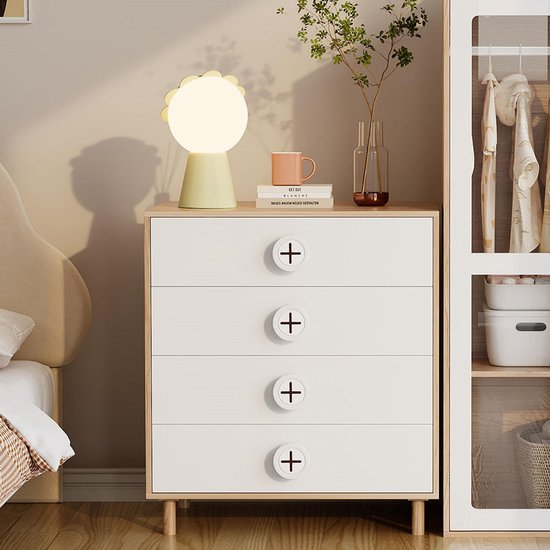 Pugsdrly Nachtkastje, ladekast, ladekast voor de slaapkamer en opbergkast voor kinderen, met 4 lades, opbergkast met steunen, gelakte panelen + spaanplaat, wit, 80*54*90 cm