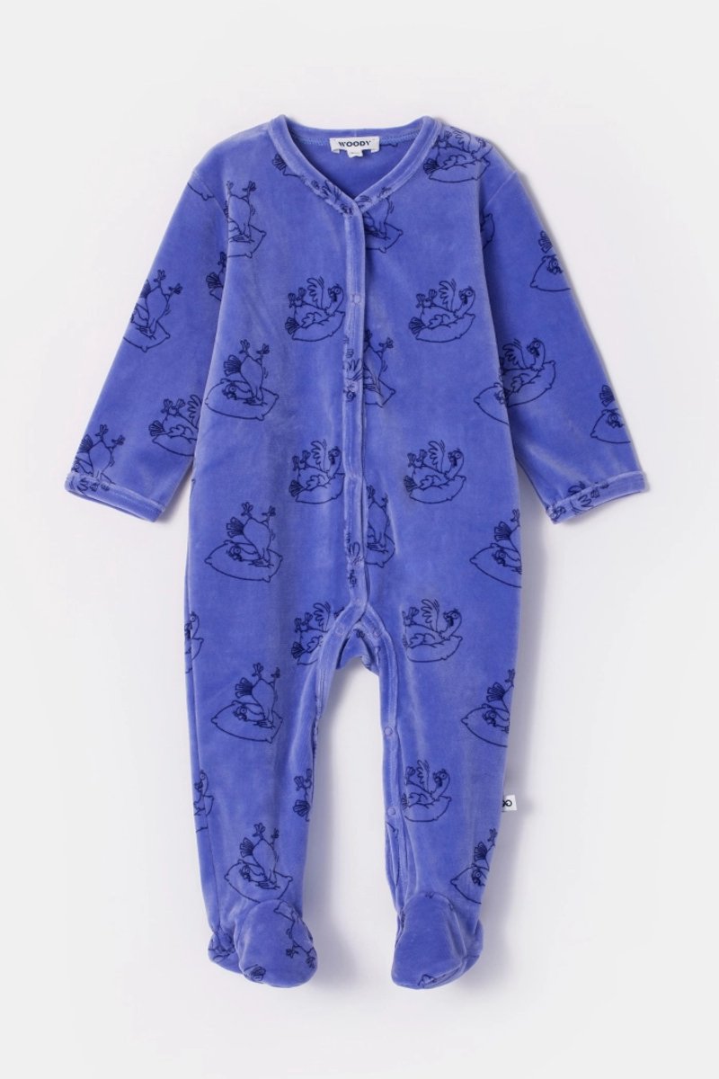 Woody kruippakje baby unisex velours - paars - duiven all-overprint - 252-10-RBF-V/921 - maat 68