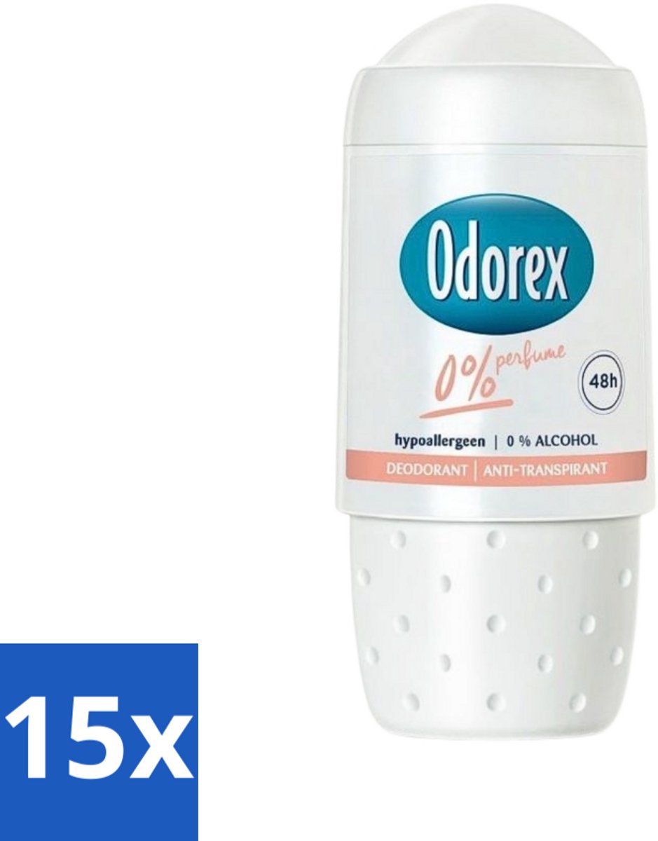 15 x Odorex Deodorant Roller 0% 50 ml - 0% Parfum - 0% Alcohol - Hypoallergenisch - Gevoelige Huid - Deodorant Roller
