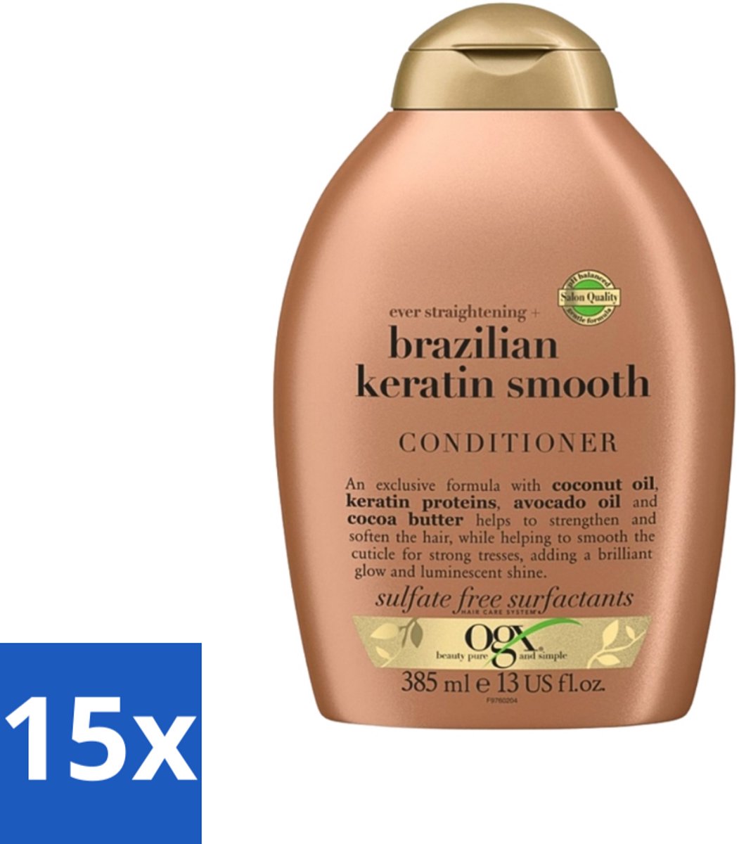 15 x OGX - Brazilian Keratin Smooth - Conditioner - Gladmakend - Herstellend - 385 ml - Keratine Conditioner - Haar Verzorging - Haar Herstel - Pluiscontrole - Glad Haar