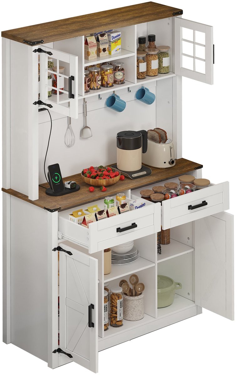 Merax Barkast met LED en Stopcontacten - Buffetkast 100x40x172 cm - Wit met Bruin