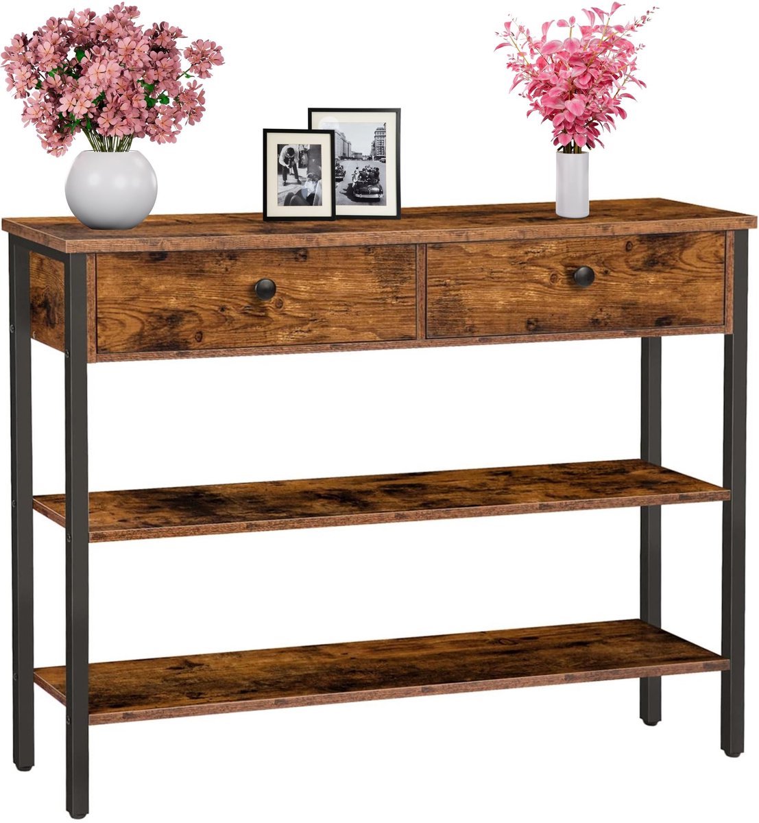Signature Home Console - consoletafel - Haltafel met 2 lades - bijzettafel met 2 niveaus - banktafel met stabiel frame - industriële stijl - rustiek bruin - 100cm bruin - zwart
