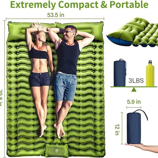 Opblaasbare kampeerslaapmat - Dubbele opblaasbare slaapmat - Zelfopblazende kampeermat - Voor 2 personen - Compact en gemakkelijk mee te nemen - Geschikt voor backpacken, wandelen, autotochten, kamperen in tenten, strandvakanties - Groen van Merkloos — afbeelding 2