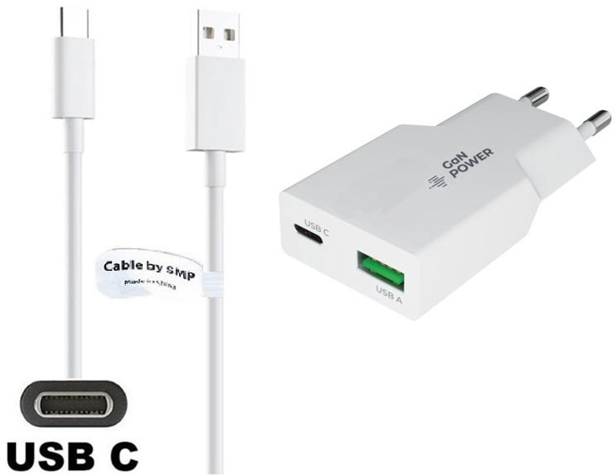 OneOne 30W snellader met 2 poorten + 1,5m sterke USB C kabel. PD PPS lader. GAN oplader adapter past op Samsung Galaxy M06, M42, M20, M31s, M32, M33, Xcover 5, Xcover 6 Pro, Xcover 7 / 7 Pro, Xcover Pro, Xcover FieldPro