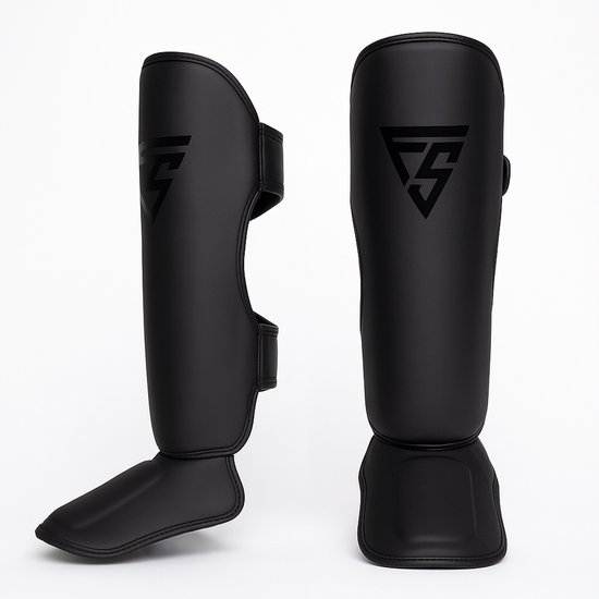 Protège- Protèges-tibias FIGHTSENSE Pro Style – Noir sur noir – Taille L – Pour le kickboxing et le muay thaï