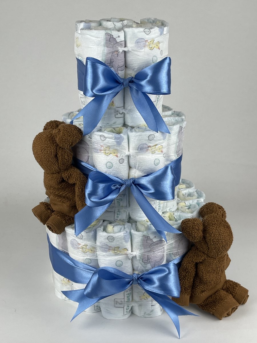 Chouette-Chouette | Luiertaart Jongen | Kraamcadeau | Geboorte Jongen | Babyshower | Beren clay Bruin - diep Blauw